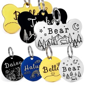 YiXiEr Personalized Cat Tags, Dog Tags Front and Back Engraved, Stainless Steel Pet ID Tags Various Designs and Colors – Bone, Round